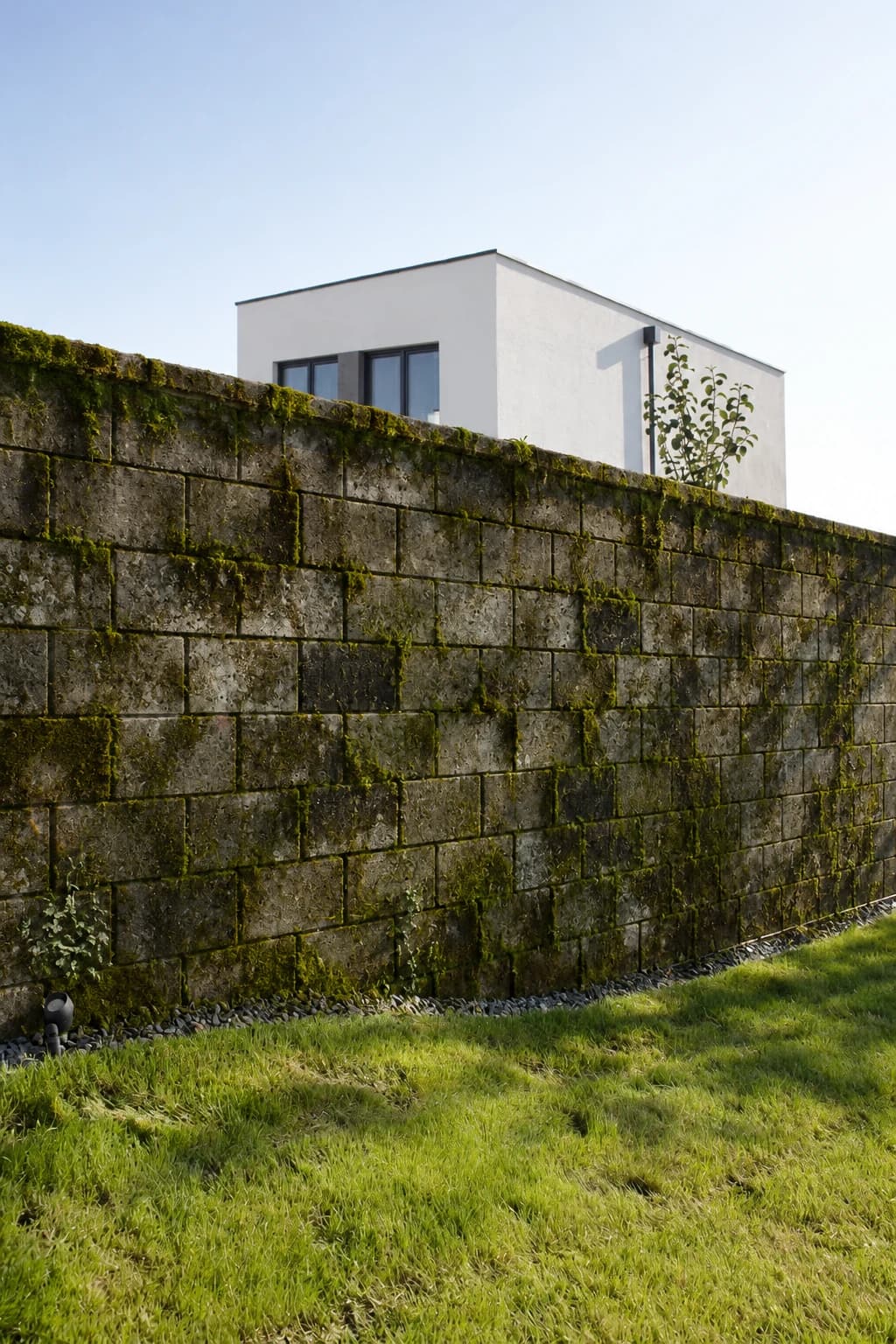 Muret en blocs de béton couvert de mousse avant nettoyage